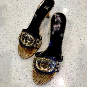 Gucci Black and Gold Snakeskin Sandals